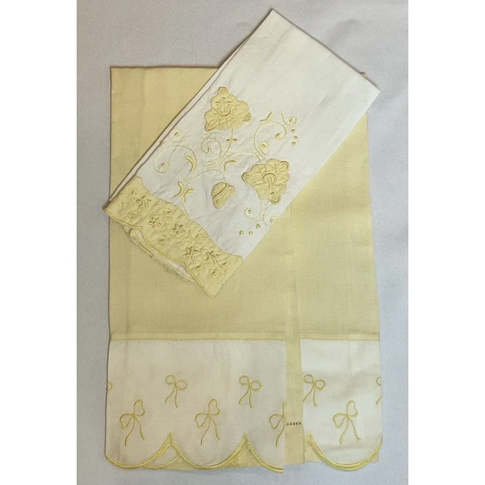 3 Vintage Napkins Hand Towels Yellow Embroidery Bows Flowers Cottagecore